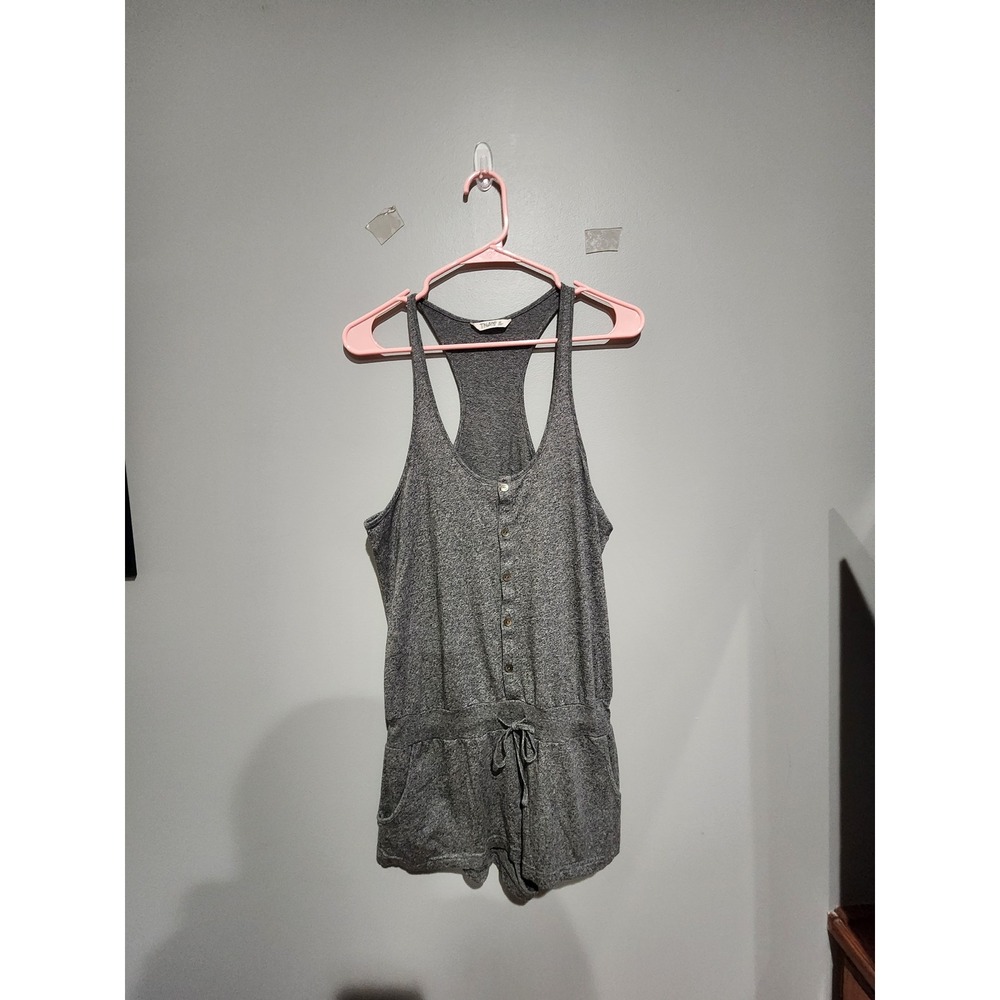 TNA Aritzia Grey Heathered Racerback Henley Romper Drawstring Waist Pockets M